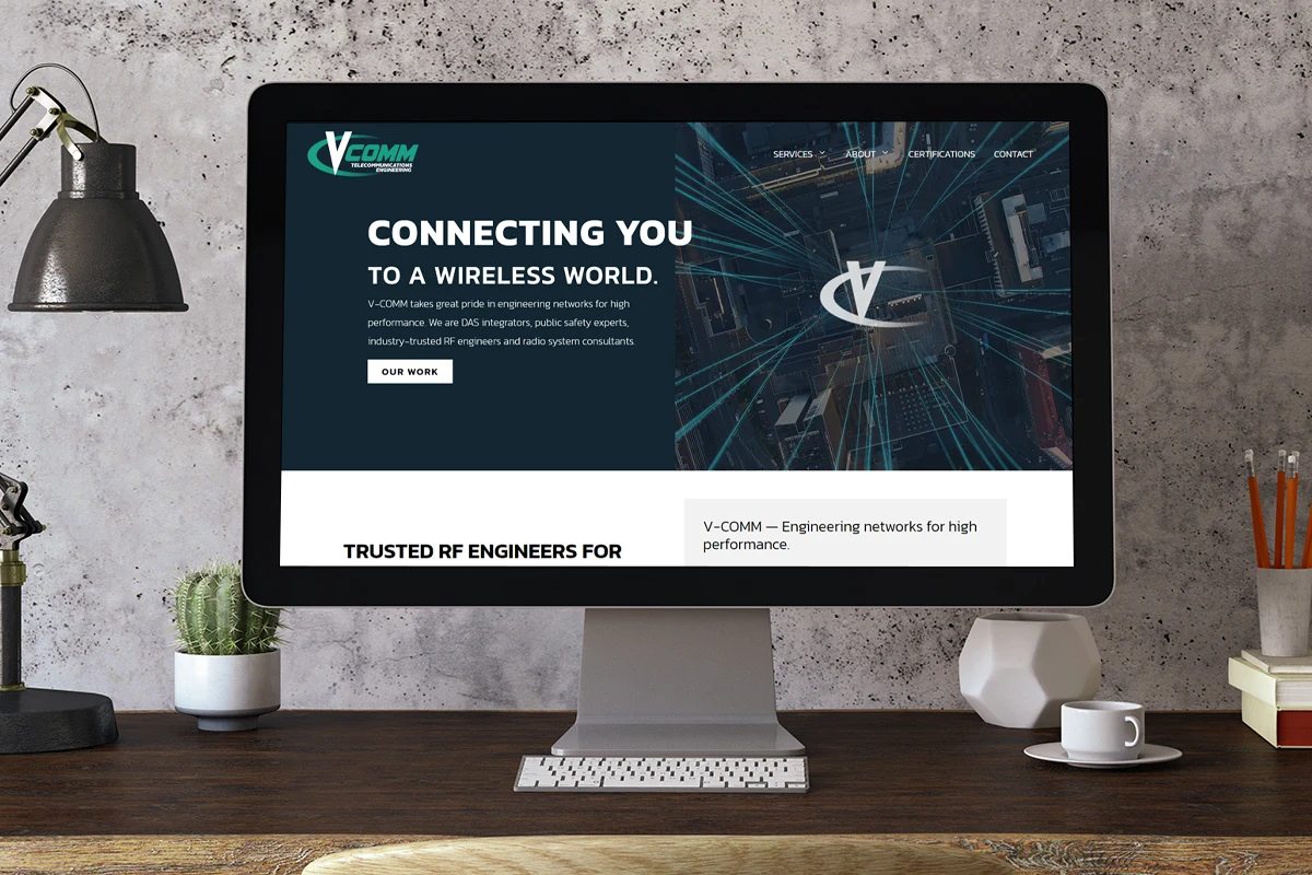 Homepage view on desktop of V-COMM Telecommunications Engineering website
