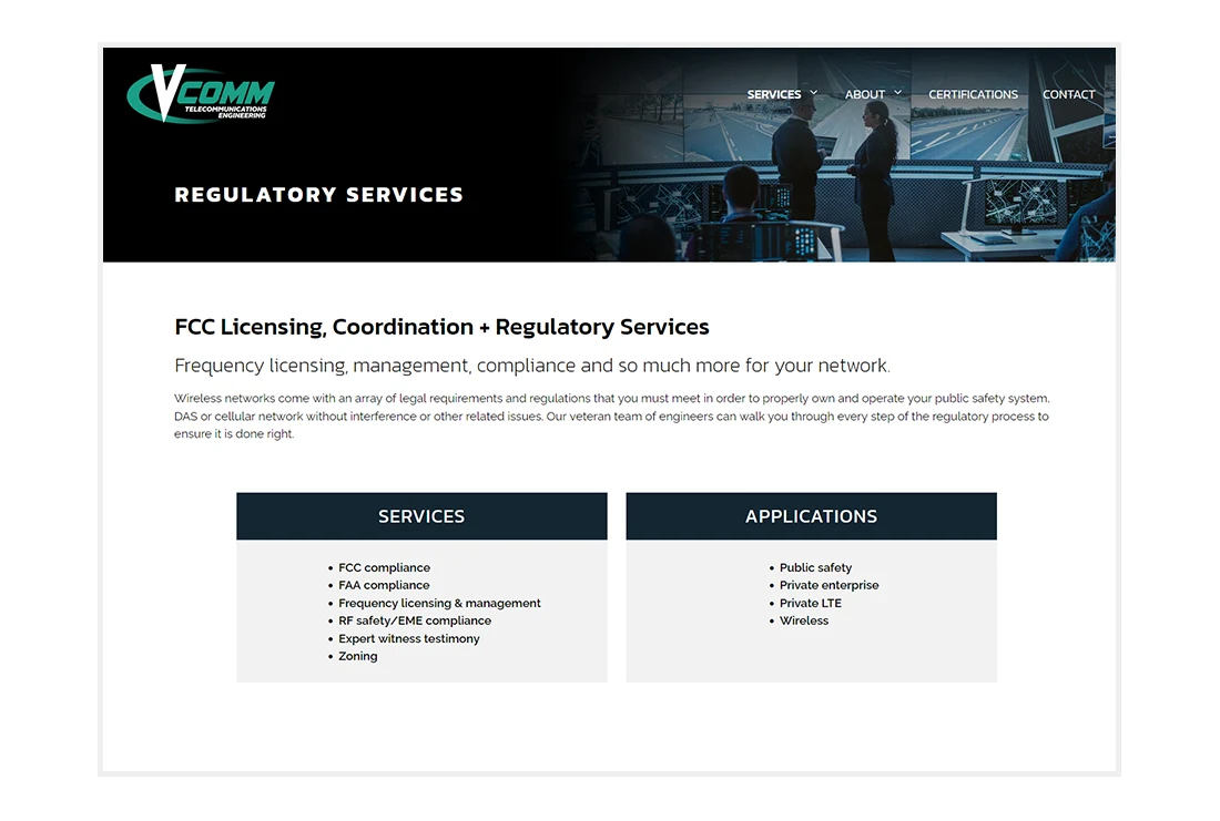 V-COMM Telecommunications Engineering Regulatory Services page view on desktop