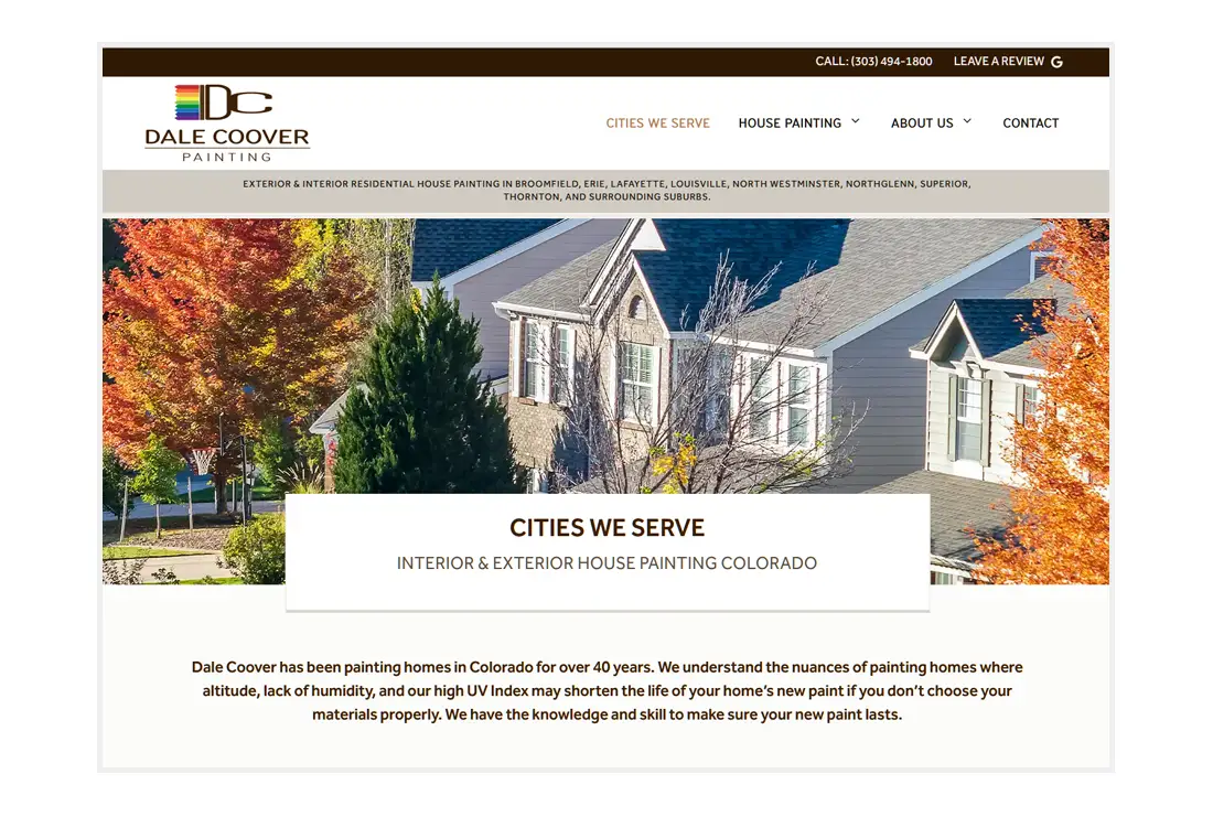 Custom Website Design for Dale Coover Painting - Cities We Serve page view