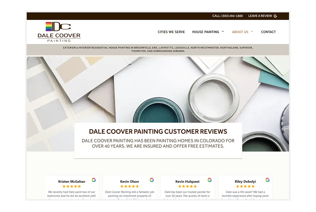 Custom Website Design for Dale Coover Painting - Customer Reviews page view