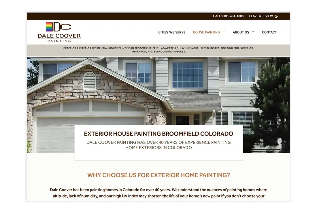 Custom Website Design for Dale Coover Painting - Exterior House Painting page view