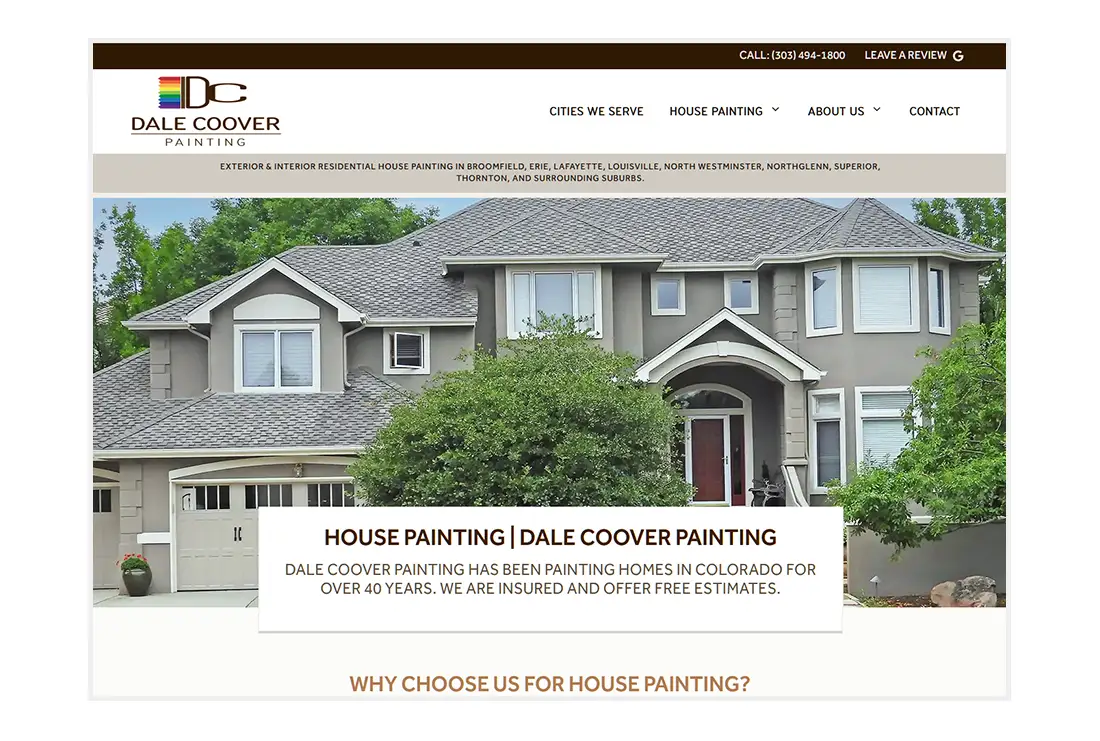 Custom Website Design for Dale Coover Painting - homepage view