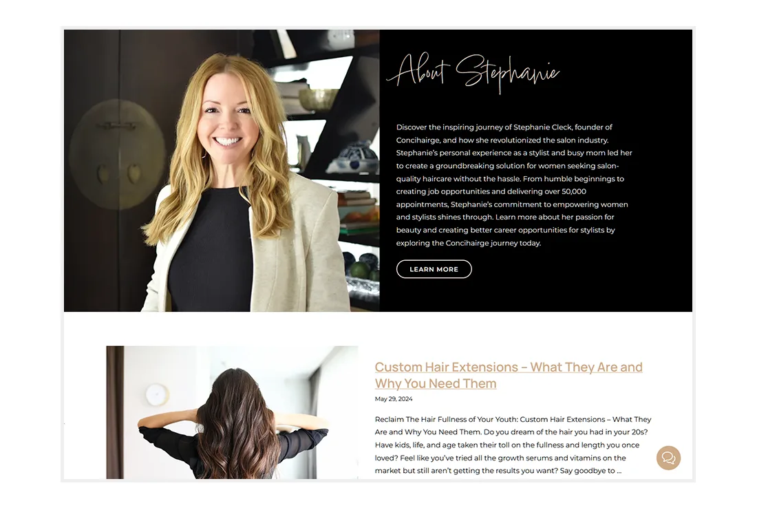 Custom Website Design for Concihairge - Detail of Stephanie on the homepage