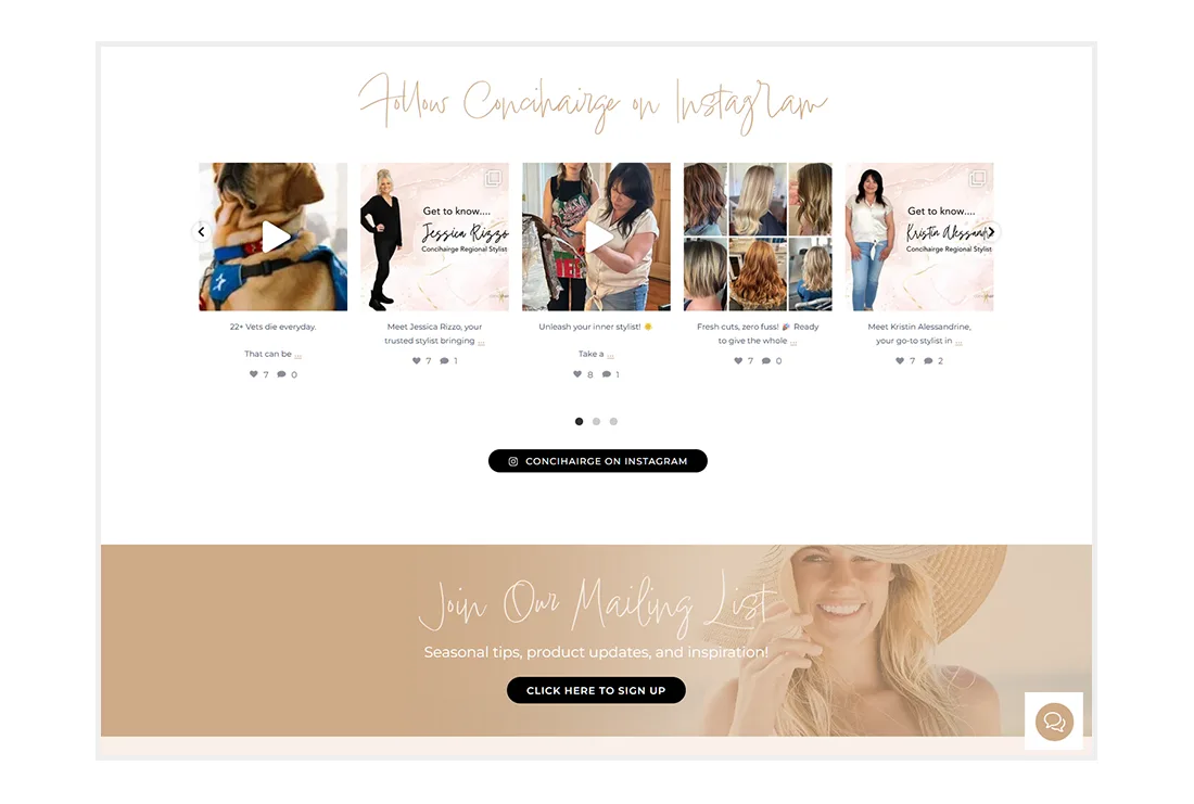 Custom Website Design for Concihairge - detail of Instagram and Mailing List sections on the homepage