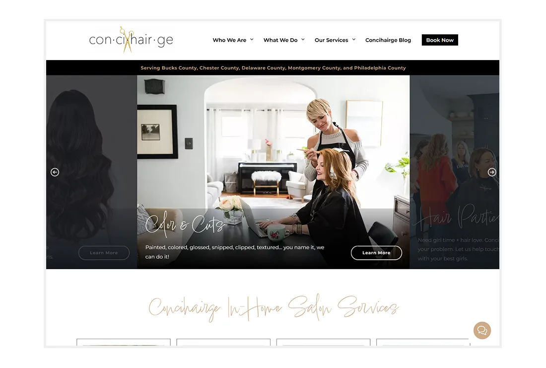 Custom Website Design for Concihairge - Homepage view