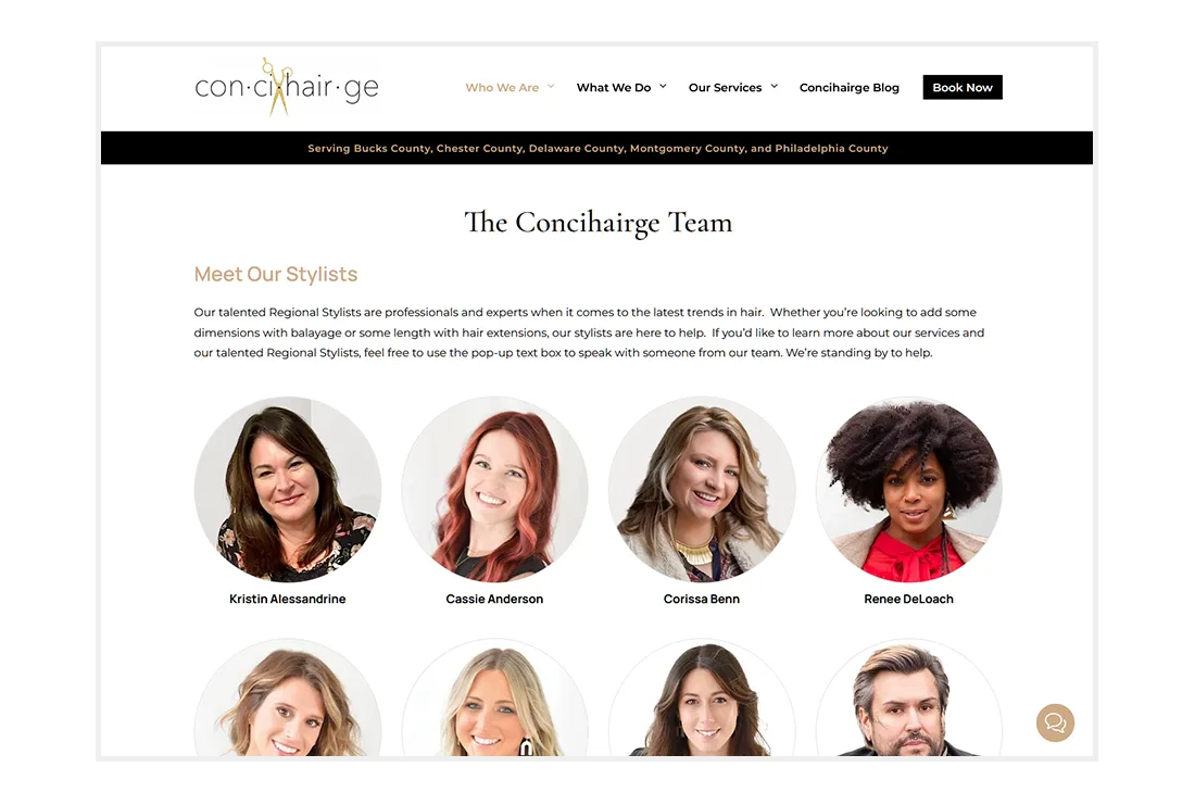 Custom Website Design for Concihairge - Team page
