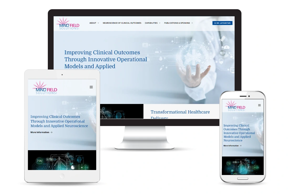 Custom Website Design and WordPress Theme for MindField Solutions - desktop tablet and mobile views