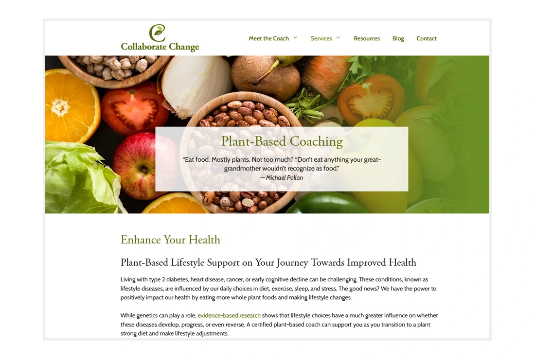 Custom Website Design for Collaborate Change - Plant-Based Coaching page view