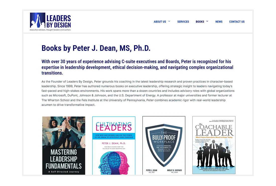Leaders by Design Books page - custom WordPress website