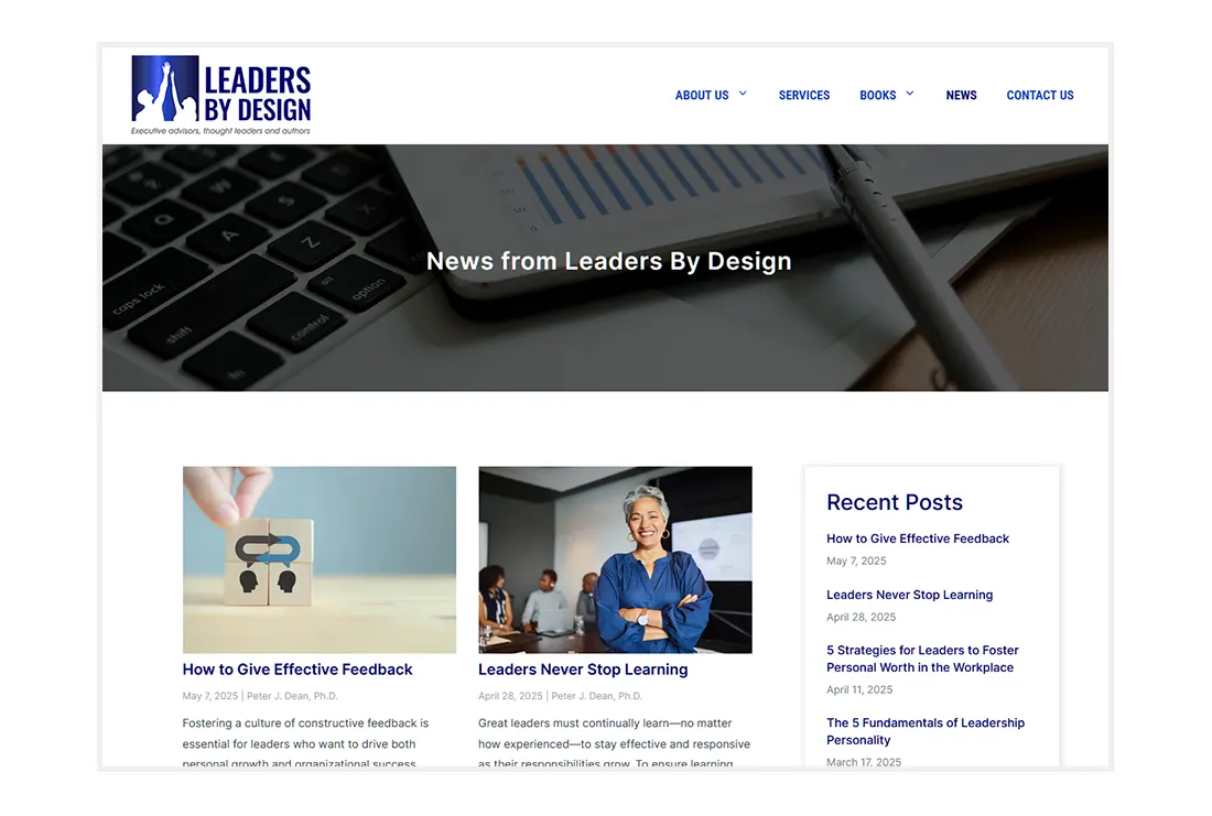 Leaders by Design News page - custom WordPress website