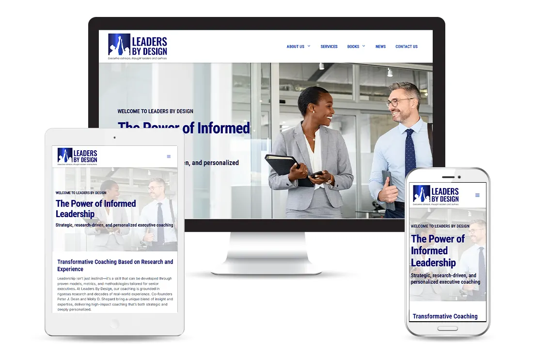 Custom Website Design and WordPress Theme for Leaders By Design - desktop tablet and mobile views